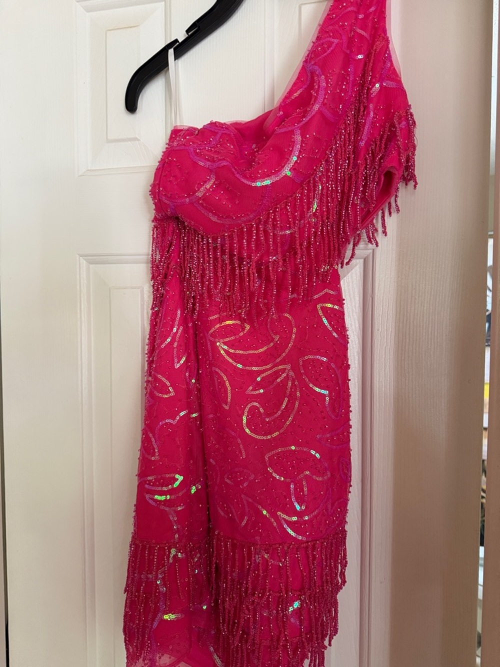Hot Pink One-Shoulder Beaded Fringe Dress